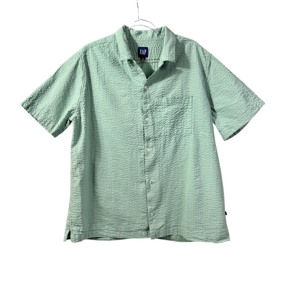 GAP Shirt Mens XL Sage Green Seersucker Short Sleeve Button-Up Camp Collar